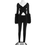 Hollow Out Patchwork Fur Sleeve Tight Jumpsuit GDSF-J25JP409