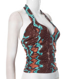 Tie Up Hollow Out Backless Print T Shirt MXBF-K24TP468