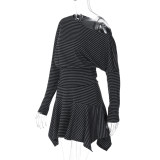 Stripe Long Sleeve T Shirt Irregular Skirt 2 Piece Set GLAG-S5920161H