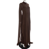 Backless Long Sleeve Ribbon Dress+Tulle Shawl Two-Piece Set GDSF-D25ST485