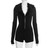 Black Zipper Long Sleeve Slim Romper GDSF-J25RP389