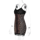 Leopard Print Lace Patchwork Sling Mini Dress GLAG-D5820001F