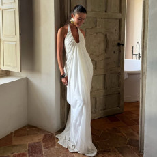 Halterneck V Neck Ruched Mesh Maxi Dress GLAG-D5819940F