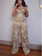 Retro Color-Woven Floral Print Corset Two Piece Pants Set GXHF-81024