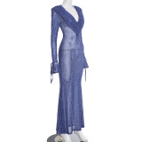 Print Flocked Mesh V Neck Maxi Dress GSBD-D25DS419