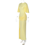 Solid Color Backless Lotus Leaf Sleeve Maxi Dress GLAG-D5920189G