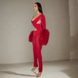 Hollow Out Patchwork Fur Sleeve Tight Jumpsuit GDSF-J25JP409