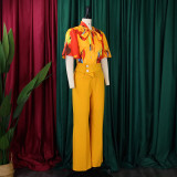Plus Size Print Short Sleeve Shirt Wide Leg Pants 2 Piece Set GATE-D341
