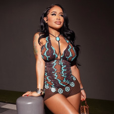 Tie Up Hollow Out Backless Print T Shirt MXBF-K24TP468