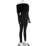 Fur Off Shoulder Long Sleeve Jumpsuit GDSF-J25JP405