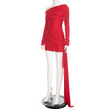 Off Shoulder Lapel Long Sleeve Ribbon Mini Dress GSBD-D25DS481