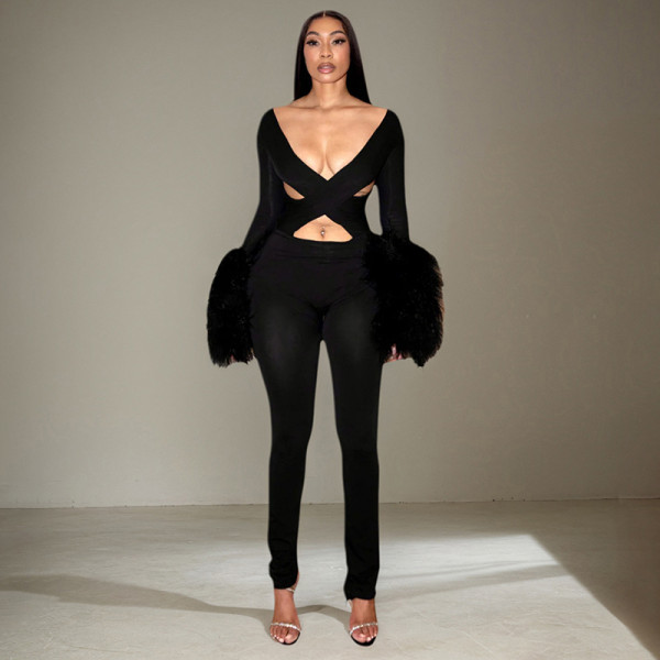 Hollow Out Patchwork Fur Sleeve Tight Jumpsuit GDSF-J25JP409