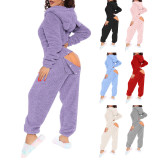 Hooded Cute Plush Long-Sleeve Jumpsuit GXHF-80223