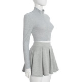 Solid Color Sport Zipper Pleated Mini Skirts 2 Piece Set GSBD-D25ST470