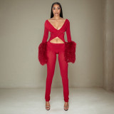 Hollow Out Patchwork Fur Sleeve Tight Jumpsuit GDSF-J25JP409