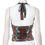 Tie Up Hollow Out Backless Print T Shirt MXBF-K24TP468