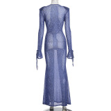 Print Flocked Mesh V Neck Maxi Dress GSBD-D25DS419