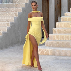 Wrap Drop-Shoulder Slit Patchwork Ribbon Dress GLAG-D5920143G