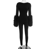 Hollow Out Patchwork Fur Sleeve Tight Jumpsuit GDSF-J25JP409