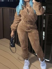 Long Sleeve Solid Color Plush Two Piece Pants Set GXHF-81108