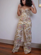 Retro Color-Woven Floral Print Corset Two Piece Pants Set GXHF-81024