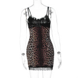 Leopard Print Lace Patchwork Sling Mini Dress GLAG-D5820001F