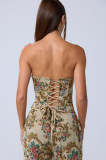 Retro Color-Woven Floral Print Corset Two Piece Pants Set GXHF-81024