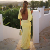Solid Color Backless Lotus Leaf Sleeve Maxi Dress GLAG-D5920189G