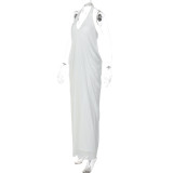 Halterneck V Neck Ruched Mesh Maxi Dress GLAG-D5819940F