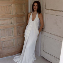 Halterneck V Neck Ruched Mesh Maxi Dress GLAG-D5819940F
