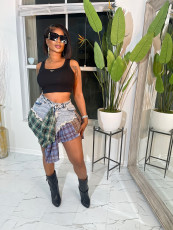 Irregular Plaid Patchwork Denim Mini Skirt  GXHF-112688