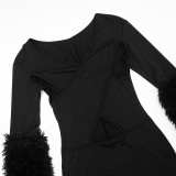 Hollow Out Patchwork Fur Sleeve Tight Jumpsuit GDSF-J25JP409