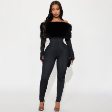 Fur Off Shoulder Long Sleeve Jumpsuit GDSF-J25JP405