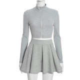 Solid Color Sport Zipper Pleated Mini Skirts 2 Piece Set GSBD-D25ST470
