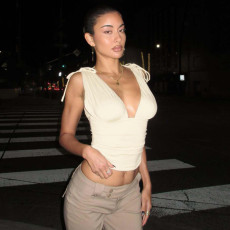 Deep V Neck Ruched Tie Up Tops GLAG-T5A20383F