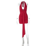 Deep V Neck Sleeveless Ruched Mini Dress GLAG-D5A20452F