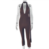 V Neck Tie Up Sport Solid Color Jumpsut GJYO-JP006275