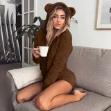 Plus Size Plush Loungewear Long Sleeve Hooded Romper GXHF-Y25669