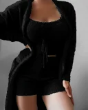 Plus Size Loungewear Solid Color Plush Three-Piece Lace-Up Pajama Set GXHF-Y90218