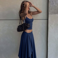 Solid Color Sling Top Irregular Long Skirt 2 Piece Set GLAG-S5A20528F