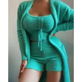 Plus Size Loungewear Solid Color Plush Three-Piece Lace-Up Pajama Set GXHF-Y90218