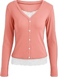 Fashion Lace Splice Long Sleeve Tops GYOU-CX1031