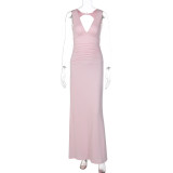 Sexy V Neck Backless Pleated Maxi Dress GLAG-D5A20457F