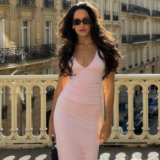 Sexy V Neck Backless Pleated Maxi Dress GLAG-D5A20457F