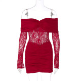 Off Shoulder Lace Patchwork Ruched Mini Dress GLAG-D5A20451F