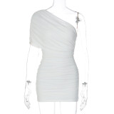 Solid Color Slash Shoulder Ruched Mesh Mini Dress GLAG-D5A20539F