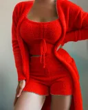 Plus Size Loungewear Solid Color Plush Three-Piece Lace-Up Pajama Set GXHF-Y90218