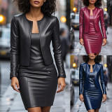 PU Leather Fashion Sling Mini Dress And Long Sleeves Cardigan Two Piece Set GYOU-CX5920