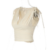 Deep V Neck Ruched Tie Up Tops GLAG-T5A20383F