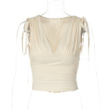Deep V Neck Ruched Tie Up Tops GLAG-T5A20383F